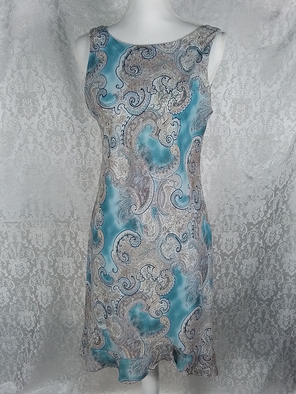 Studio Y sleeveless blue paisley sheath dress sheer but fully lined M